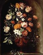 A still life with tulips, roses, a red turban cup lily, auricula, jasmin, an iris, carnations and other flowers in a vase, all in a stone niche. unknow artist